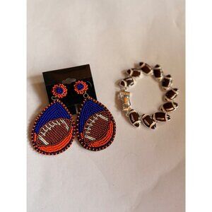 Football-Themed Beaded Drop Earrings & Enamel Bracelet Set